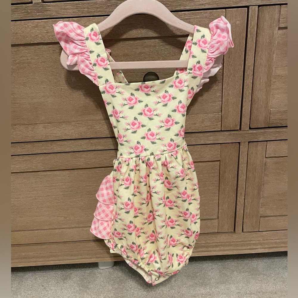 Serendipity clothing co floral overalls with gingham ruffles 18 months